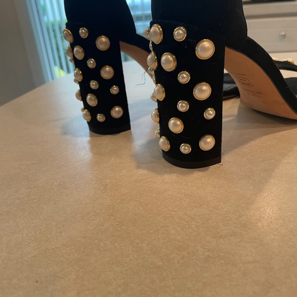 Stuart Weitzman Morepearls Black Suede Block Heels Size 7M